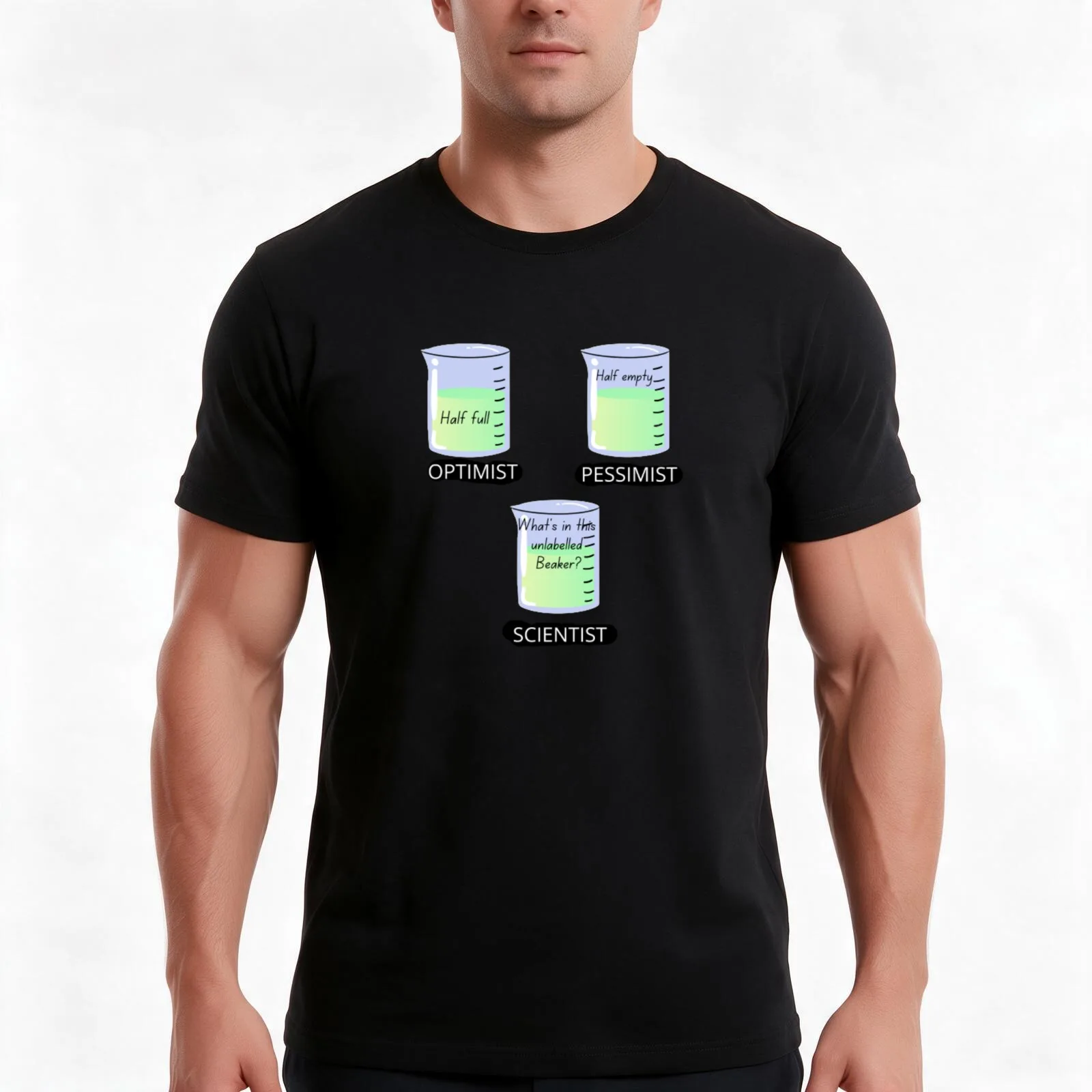 La moitié pleine, la moitié vide, selon l’optimiste et le pessimiste. T-shirt « What's in the unlabelled beaker by scientist », t-shirt d’été décontracté en coton.