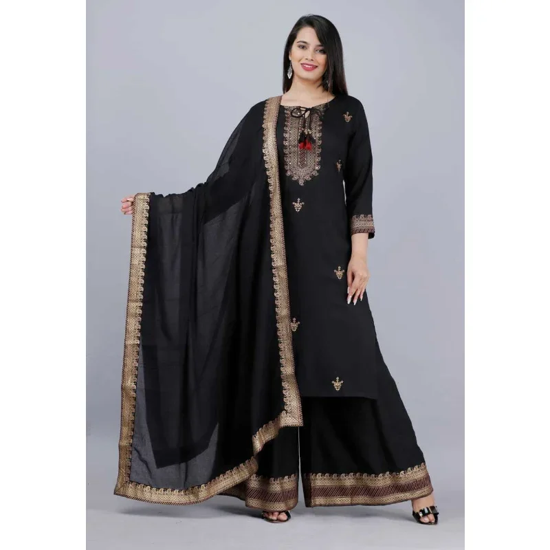 Women Pakistani Black Salwar Kameez Dupatta Palazzo Kurta Stitched Suit