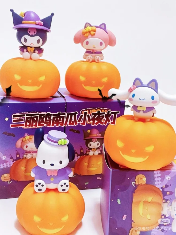 Genuine Sanrio Blind Box Characters Halloween Pumpkin Series Nightlight Kuromi Pacha Dog Trendy Play Garage Kit Christmas  Gifts