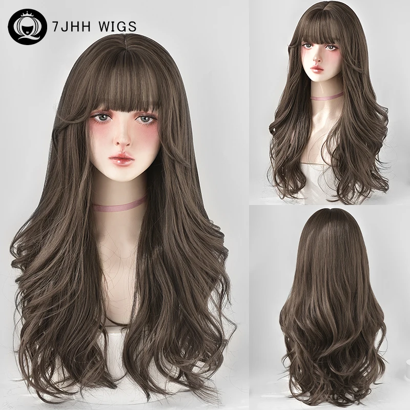 7JHH WIGS 고밀도 합성 레이어드 다크 브라운 헤어 가발, 깔끔한 앞머리, 내열성, 느슨한 웨이브, 멋진 다크 브라운 가발