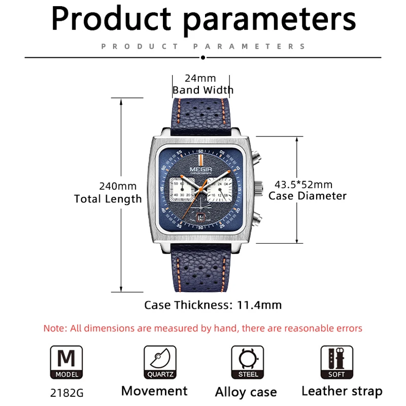 MEGIR yeni kare saatler erkekler için üst marka lüks mavi deri askeri erkek kol saati kronograf saat Relogio Masculino