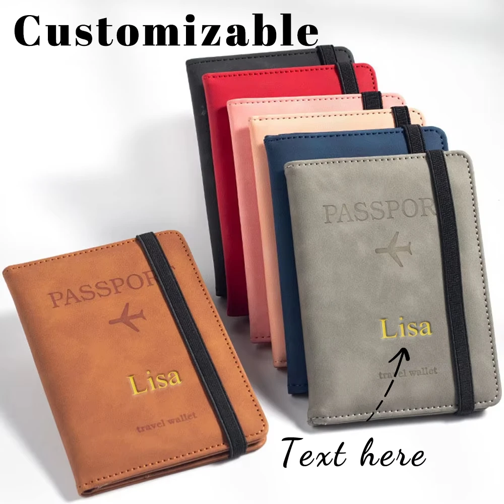 Customized name PU men's RFID passport holder 2-style envelope, airplane pattern printed anti-theft passport wallet, minimalist