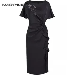 MARYYIMEI Summer Women's Dress Short Sleeved Beading Folds Split Pretty Slim-Fit Hip Wrap Straight Dresses