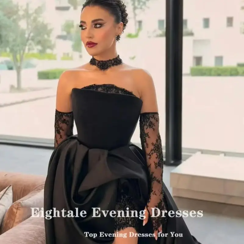 Eightale Arabic Evening Dress Strapless Lace High Low Black  Customized Satin Floor Length Prom Wedding Party Gowns