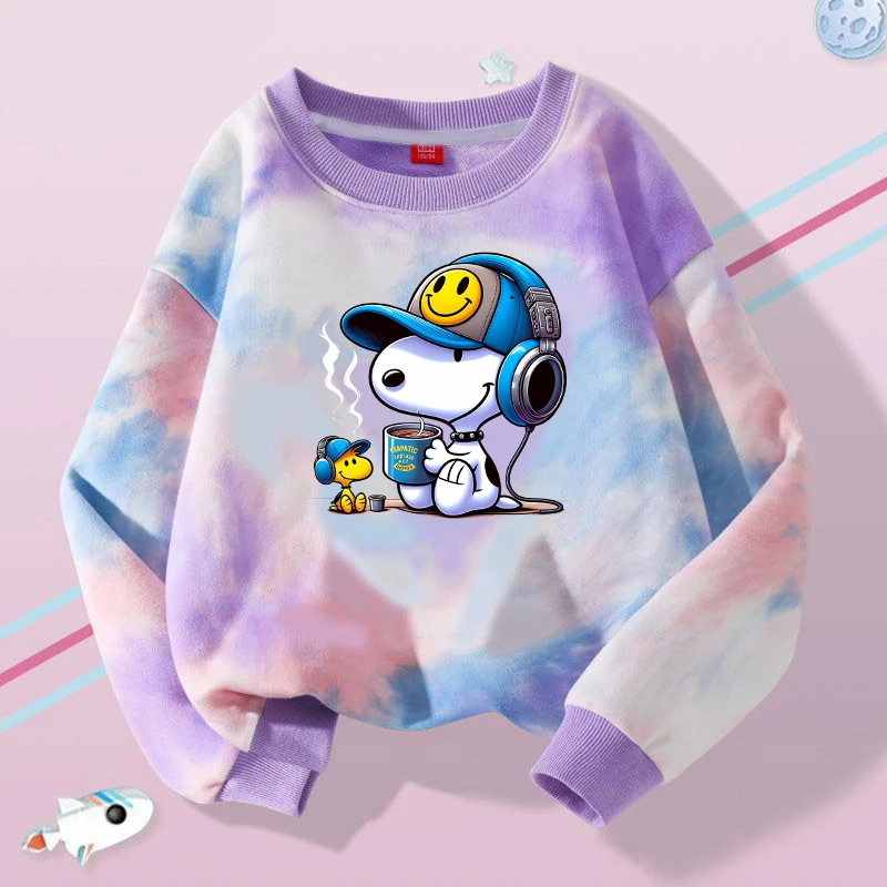 

Snoopy Kids Crew Neck Sweatshirt Anime Cartoon Winter Cute Tie-dye Versatile Long Sleeve Pullover Fashion Casual Warm Tops Gifts