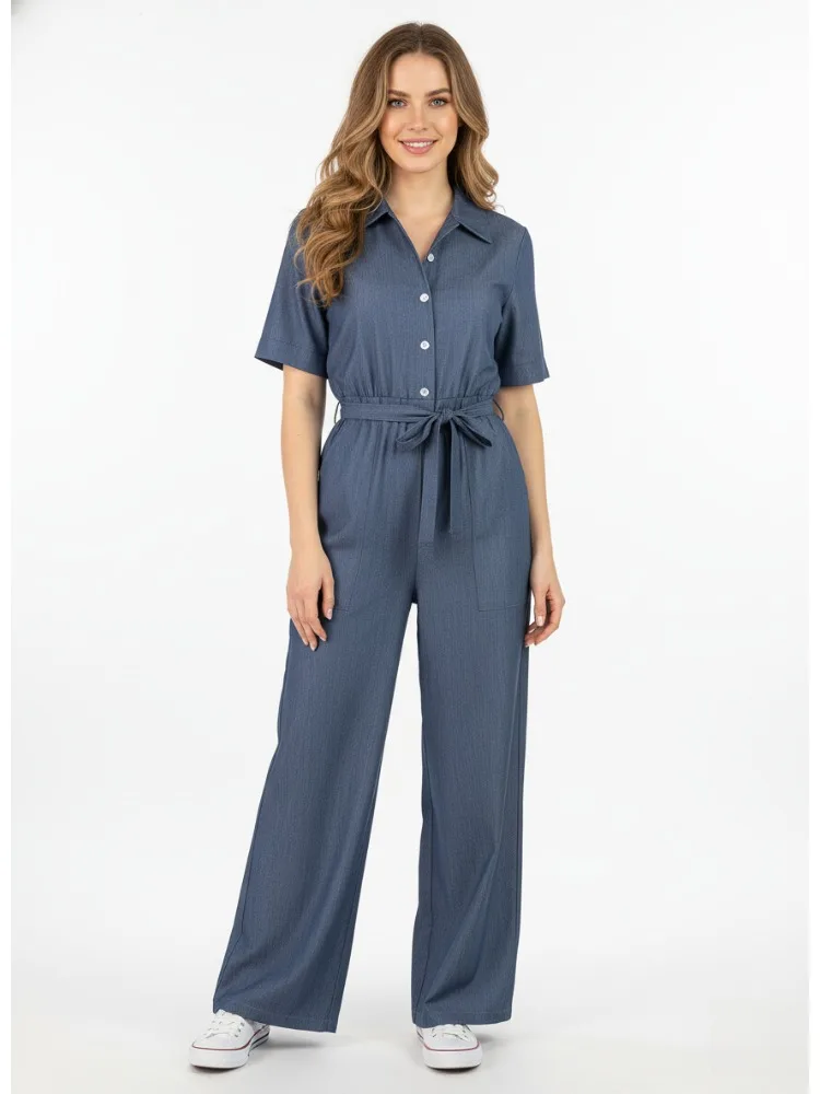

Women's Blue Denim-Look Lace-up High Waist Wide Leg Jumpsuit 2026 Summer Casual Commuter Suit Lapel Collar Short Sleeve Jumpsuit