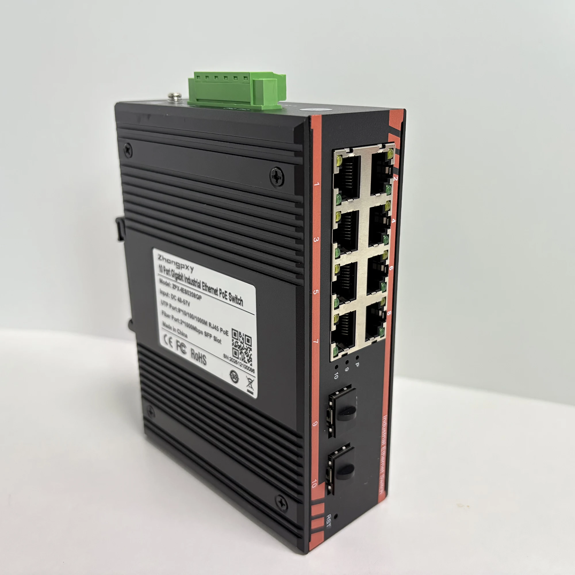 

Industrial Ethernet Switch 8×Gigabit RJ45 + 2×SFP Fiber | 10-Port Unmanaged DIN-Rail Switch | IP40 Aluminum |12–52V DC|-40~80℃