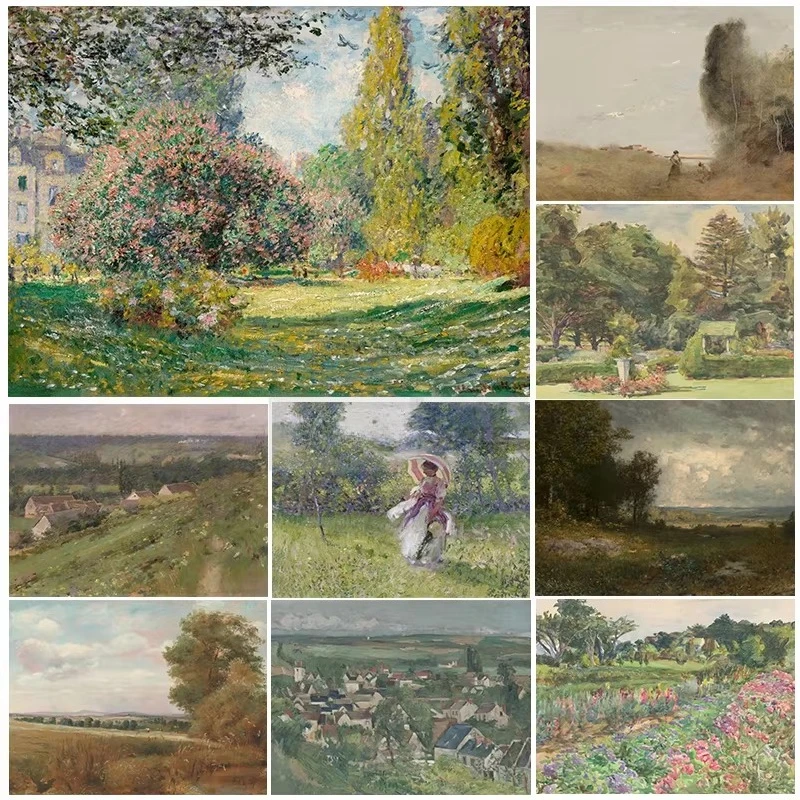 Vintage French Country Cottage Landscape Flower Garden Oil Painting Prints Canvas Wall Art Home Room Decoration Frameless