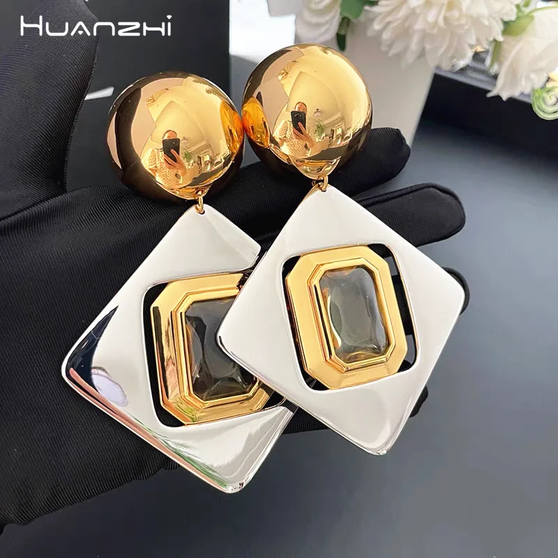 HUANZHI Vintage Gold Silver Color Splicing Geometric Drop Earrings Exaggerated Personality Large Jewelry for Fashion Women