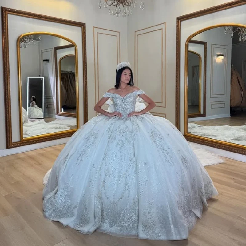 

Customized Shiny ivory Quinceanera Dresses Off the Shoulder Tull crystal sequin applique Lace Big Bow Vestido De 15 Quinceanera