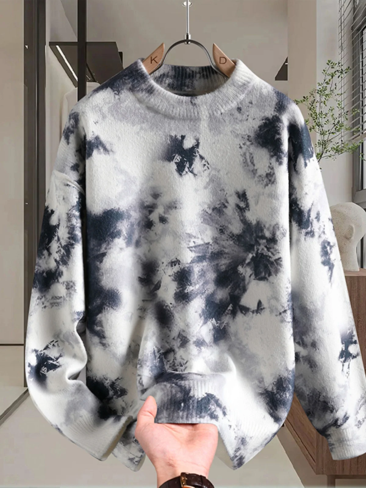 

Мужской вязаный свитер Laid-ba Thiened для осени и зимы, свободный повседневный крой, круглый вырез, градиентный цвет, модная верхняя одежда, пальто