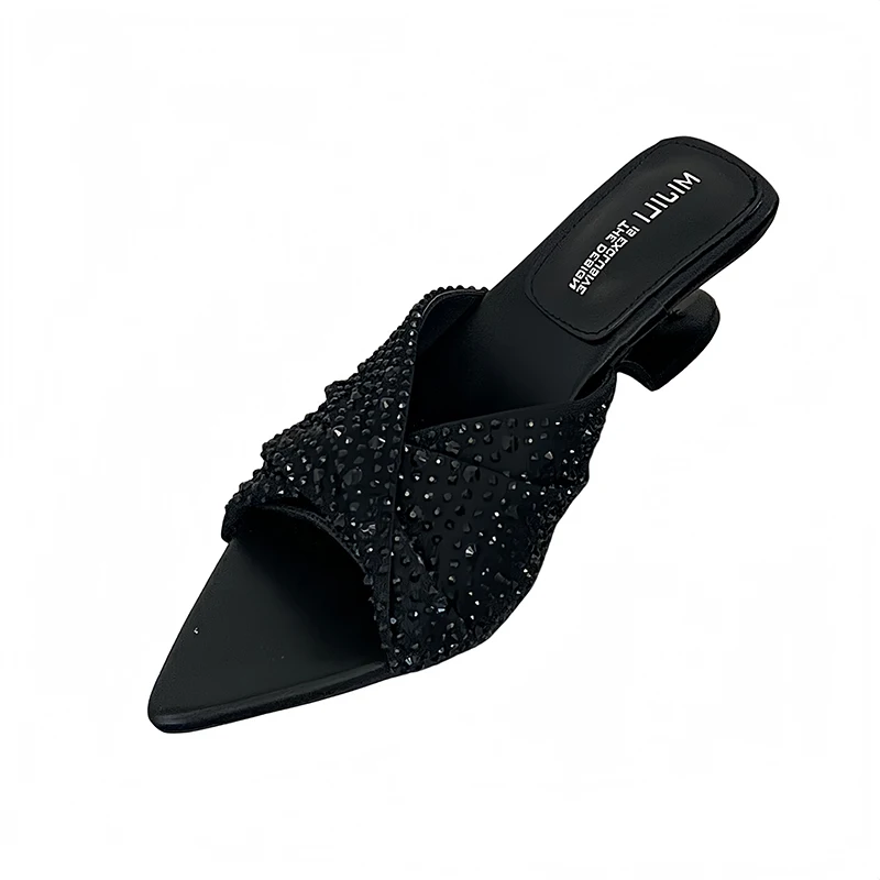 

Silver Heels Sandals Woman Slippers Crystal Pointed Toe Summer Shoes Low Heels Black Sandals Comfort Ladies Lazy Shoes