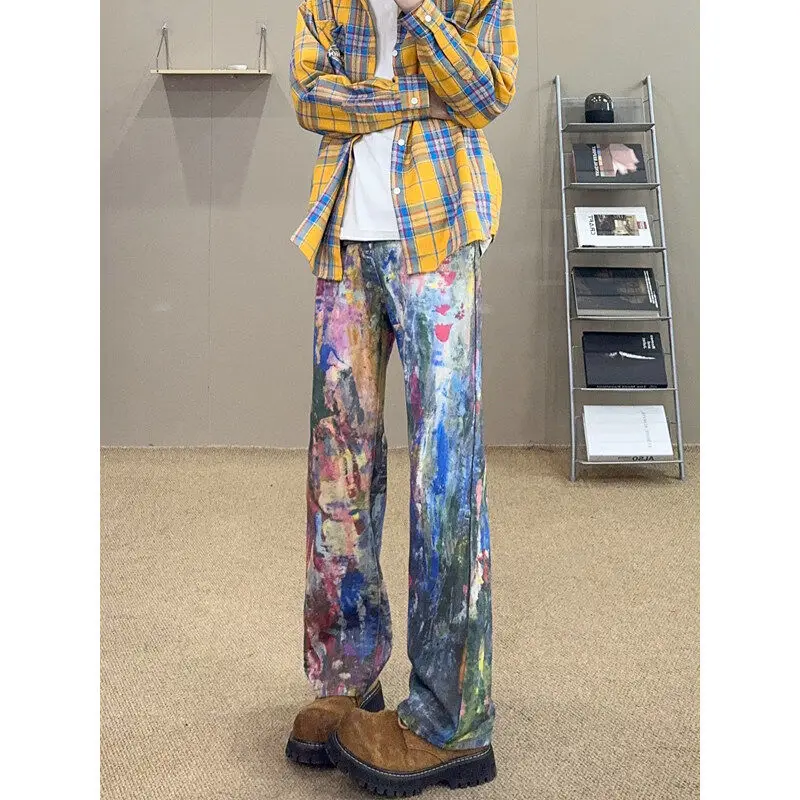 

Retro American Print Dyeing Denim Jeans Men's Women's fiti High Street Slim Straight Leggings Youth Faion