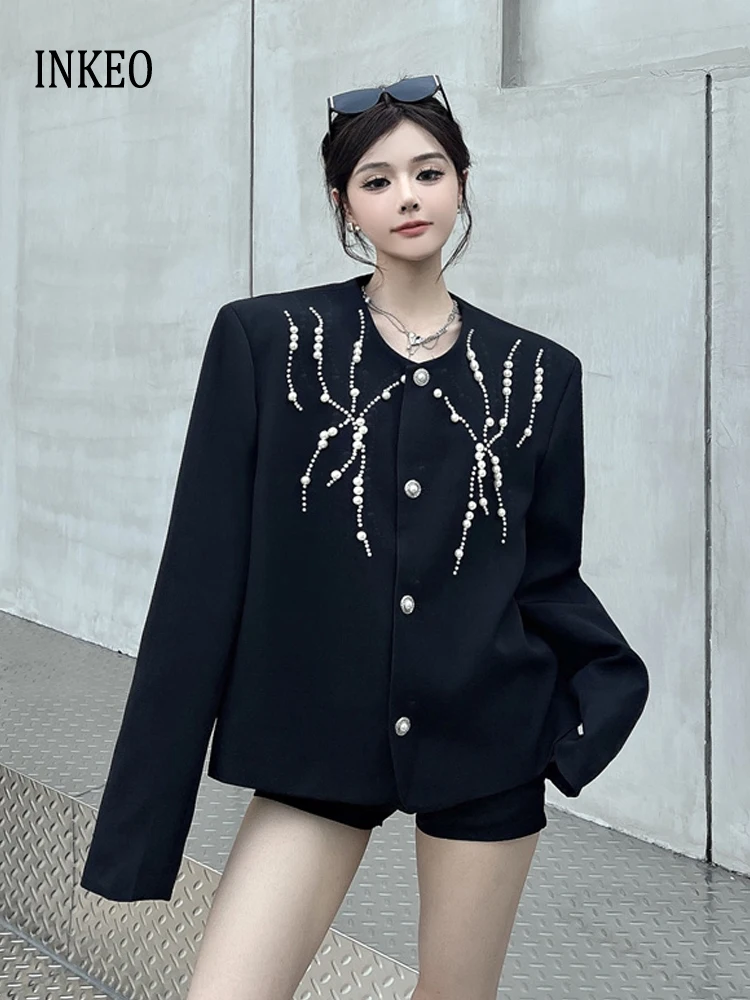 

Женская куртка High Street с жемчугом и бисером, весна-осень 2026, короткое пальто с круглым вырезом, черный пиджак оверсайз, модный INKEO 5O119