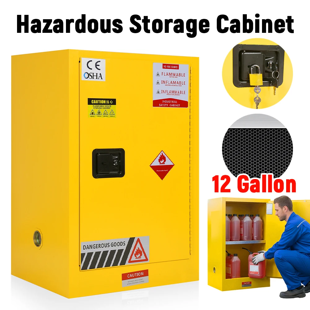 12 Gallon F﻿lammable Liquid Storage Cabinet 22.8in W X 18.1in D X 35in H Fire Safety Cabinet Steel for Industrial Applications