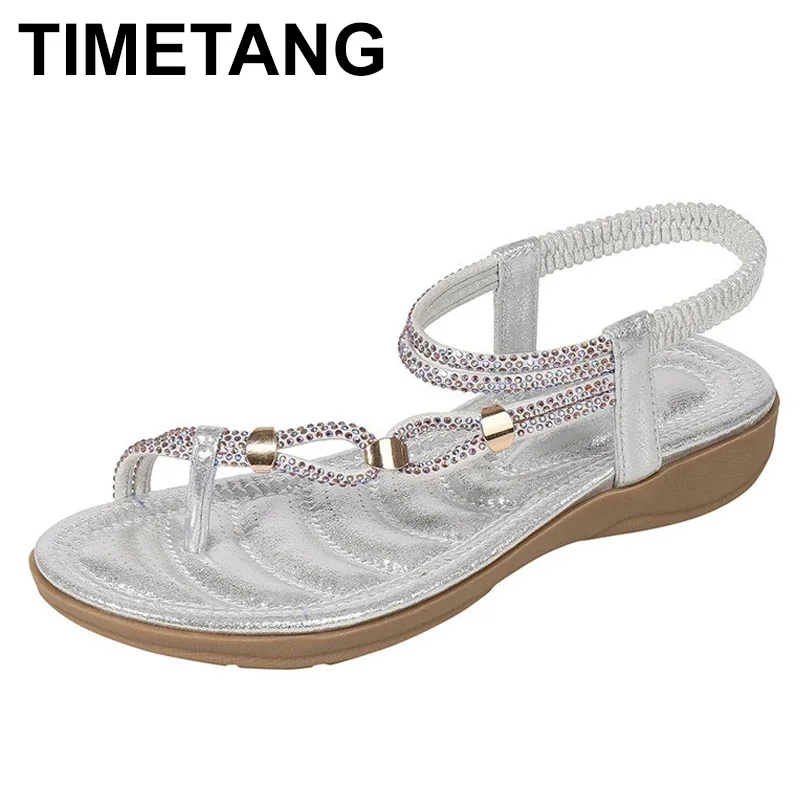 TIMETANGLarge Size Women Pink Flat Sandals Open Toe Luxury Rhinestone Gladiator Slippers Summer Beach Bling Chains Crystal Mujer