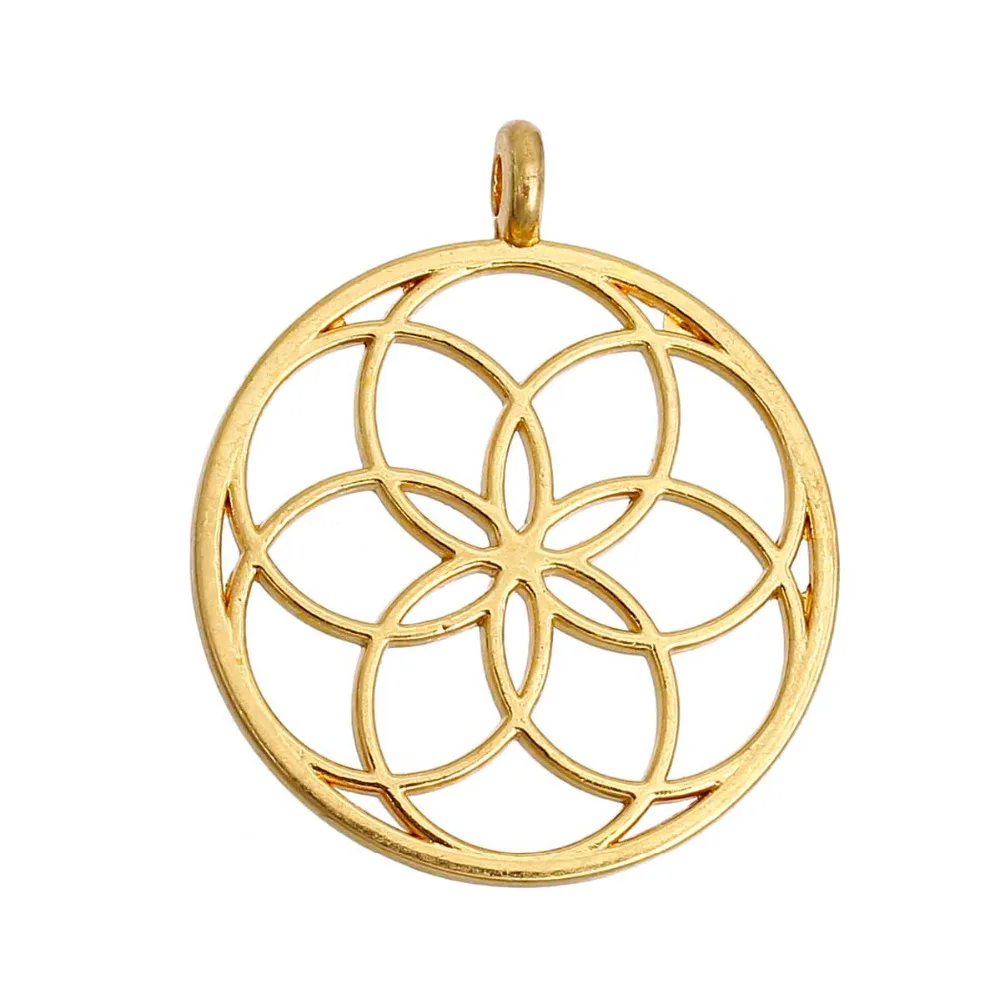 DoreenBeads Flower of Life Alloy Seed Of Life Pendants Round Gold Color Hollow Charms DIY Necklace Jewelry35mmx 30mm,5PCs