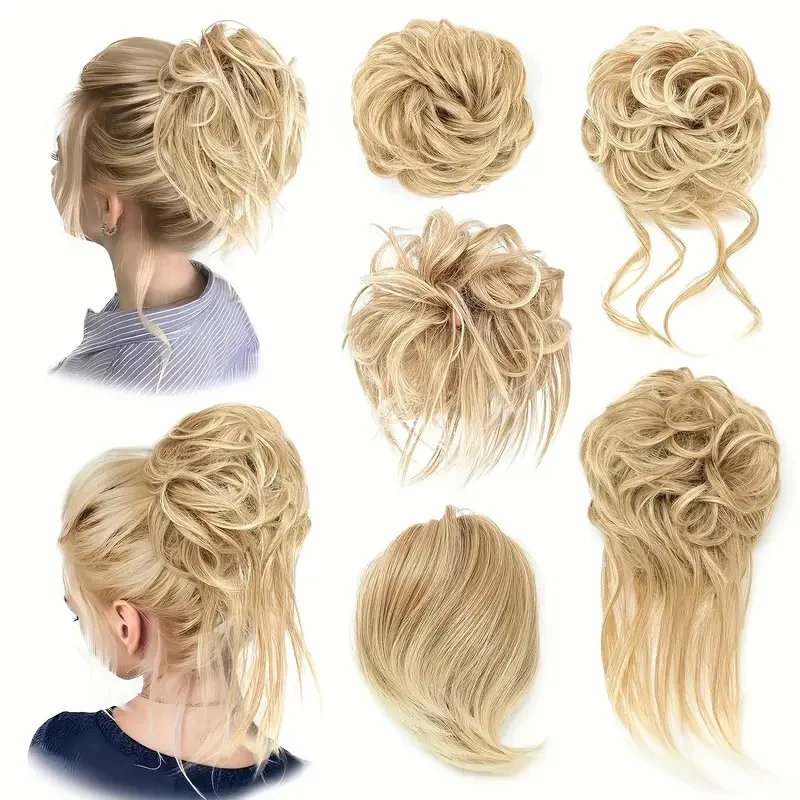 5 estilos de coque bagunçado para mulheres e meninas, peças de coque de cabelo sintético com elásticos, extensões de cabelo curto