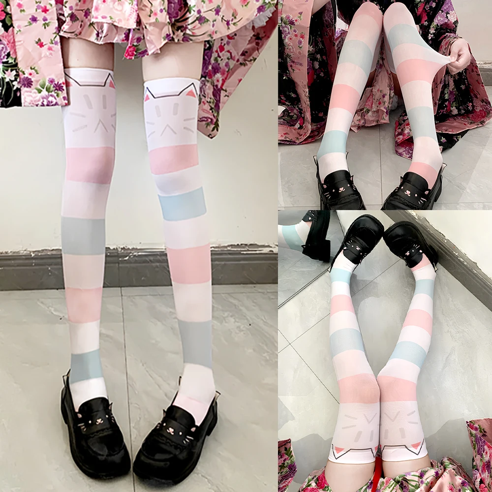 

New color matching striped stockings ladies 3d printing sexy thigh socks sweet Lolita JK nylon calf socks socks party Cosplay