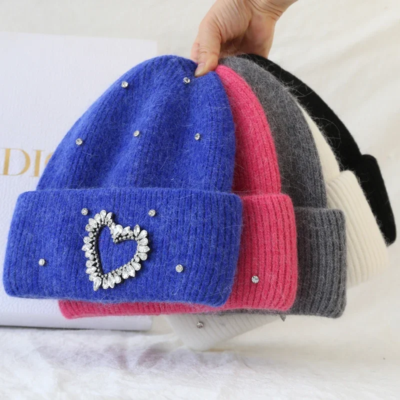 Luxury Shiny Love Diamond Knitted Hats Angora Rabbit Fur Winter Hat Women Fluffy Warm Beanies Designer Plush Thick Skullies Caps