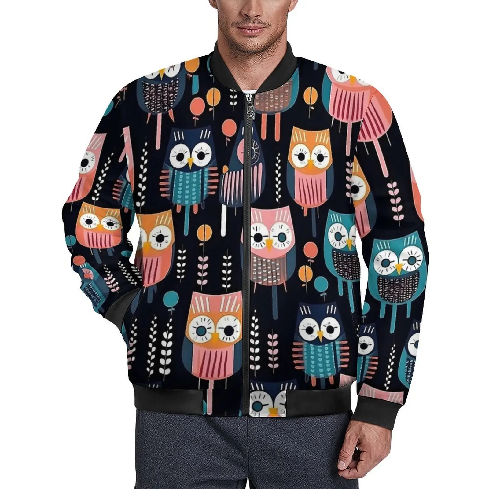 Geometric Bold Owl Jackets Man Colorful Animal Autumn Coats Aesthetic Hooded Casual Windbreak Graphic Outerwear Jacket Plus Size