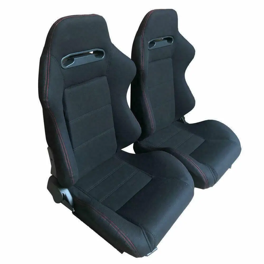 Universal Set of 2 Racing Seats Pair Black Leather Sport Car Seats Black Cloth with Red Stitch Reclinable Adjustable Sliders