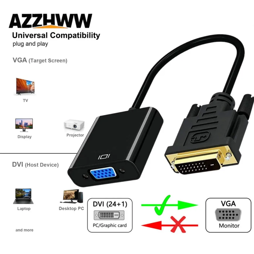 

DVI to VGA Adapter 1080P DVI-D Male to VGA Female Adapter 24+1 25Pin to 15Pin Cable Converter for PC Computer Monitor