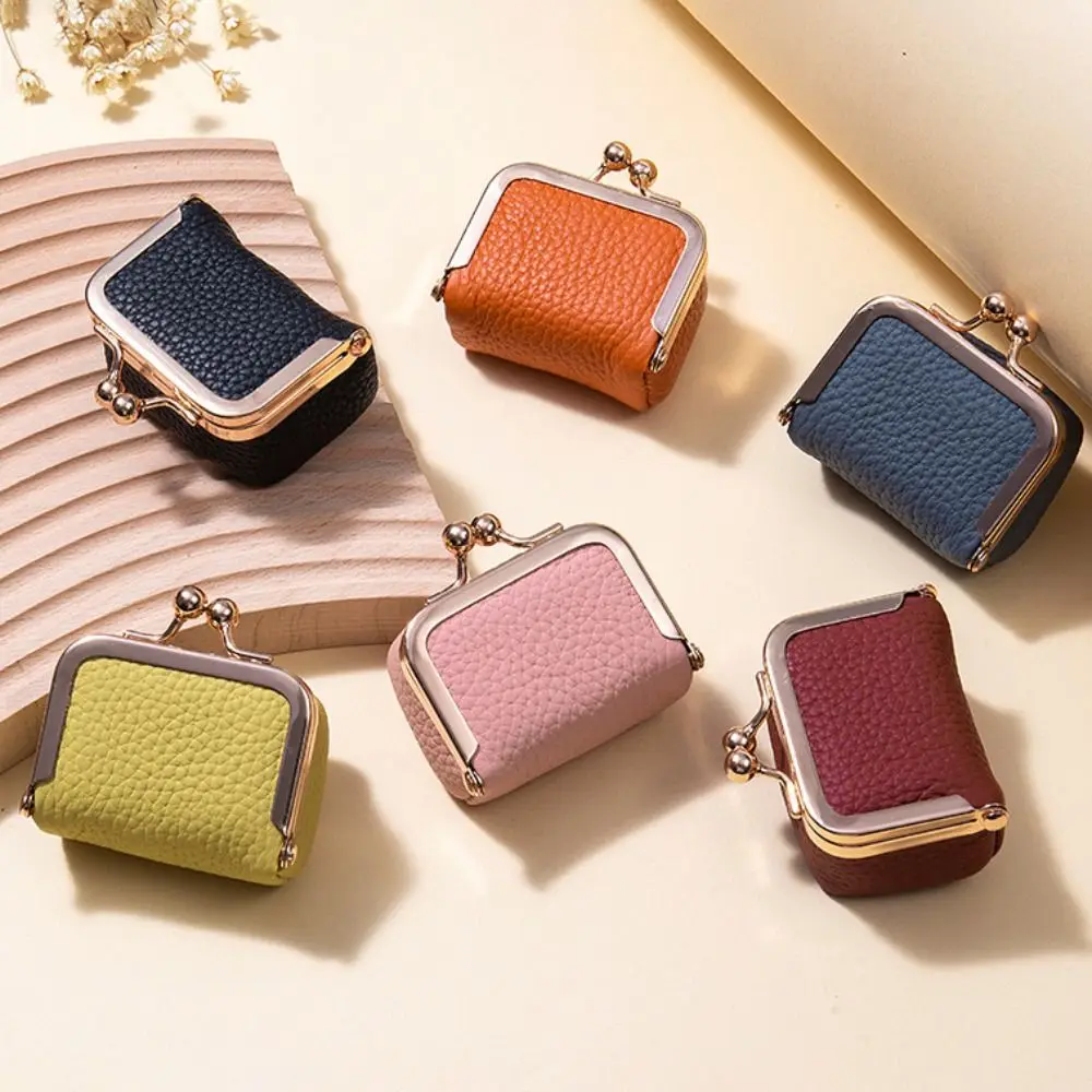 

Genuine Leather Mini Coin Purse Solid Color Kiss Lock Change Pouch Casual Style Small Storage Bag for Women