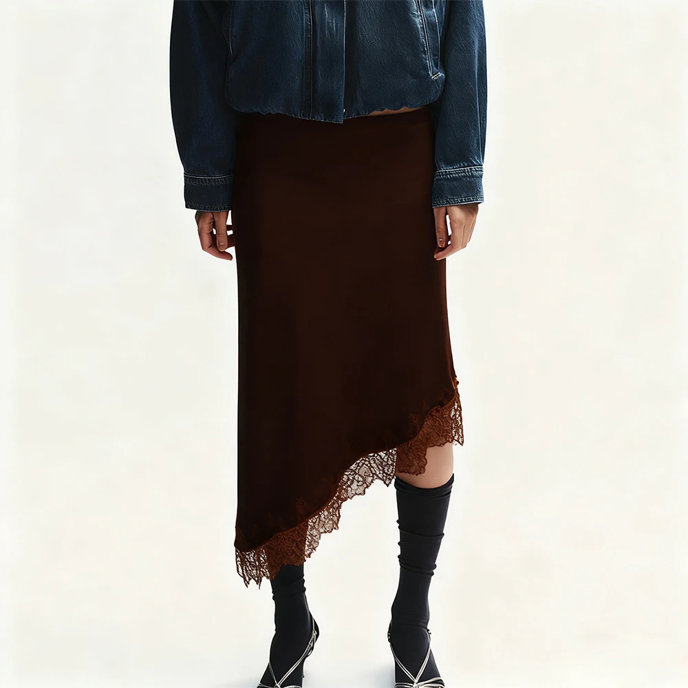 

Женские длинные юбки y2k Fairycore с атласной кружевной отделкой и эластичной резинкой на талии, юбки миди с асимметричным подолом, кружевные полукомбинации, макси-юбки, уличная одежда