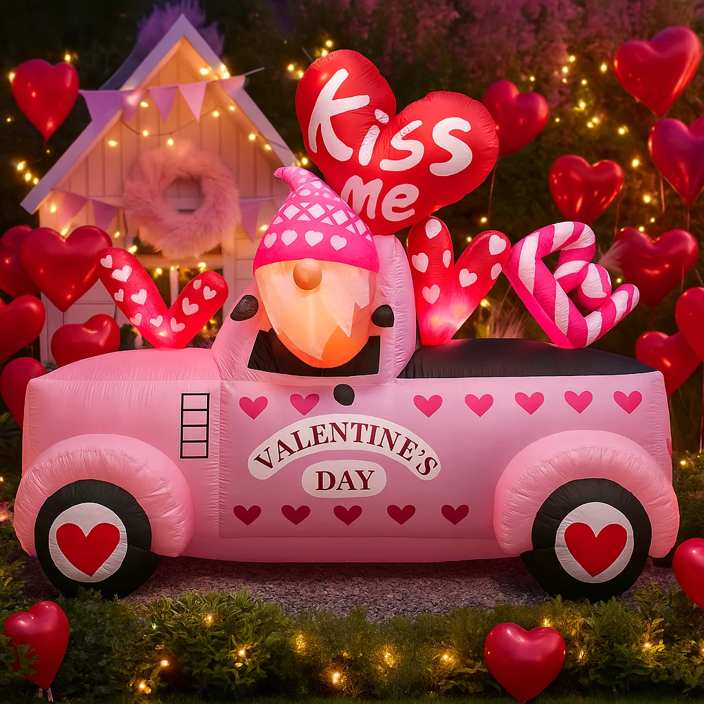 

6FT Valentines Day Inflatable Pink Car Decoration Heart Pattern Kiss Me Balloon Romantic Love Themed Yard Garden Party Decor