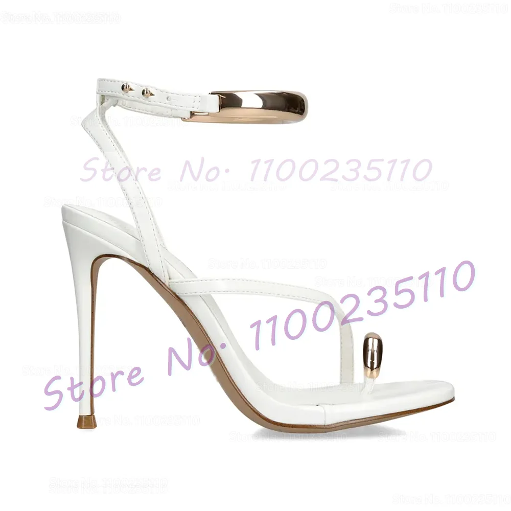 Metal Ring Decor Stiletto Thong Sandals Women Sexy Cross Strap Snakeskin Leather Shoes Party Trendy Chic Ankle Strap Flip Flops view 4