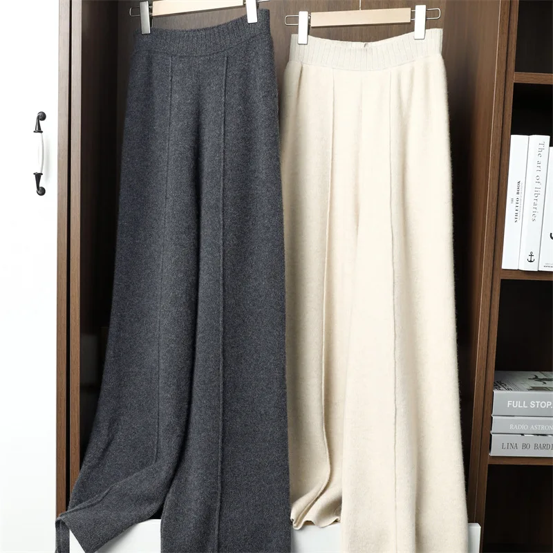 Casual Slouchy 100% Wool Pants Worn Wool Knitted Wide Leg Pants Women\'s High Waist Winter Sagging Casual Pants Thickened Outwear