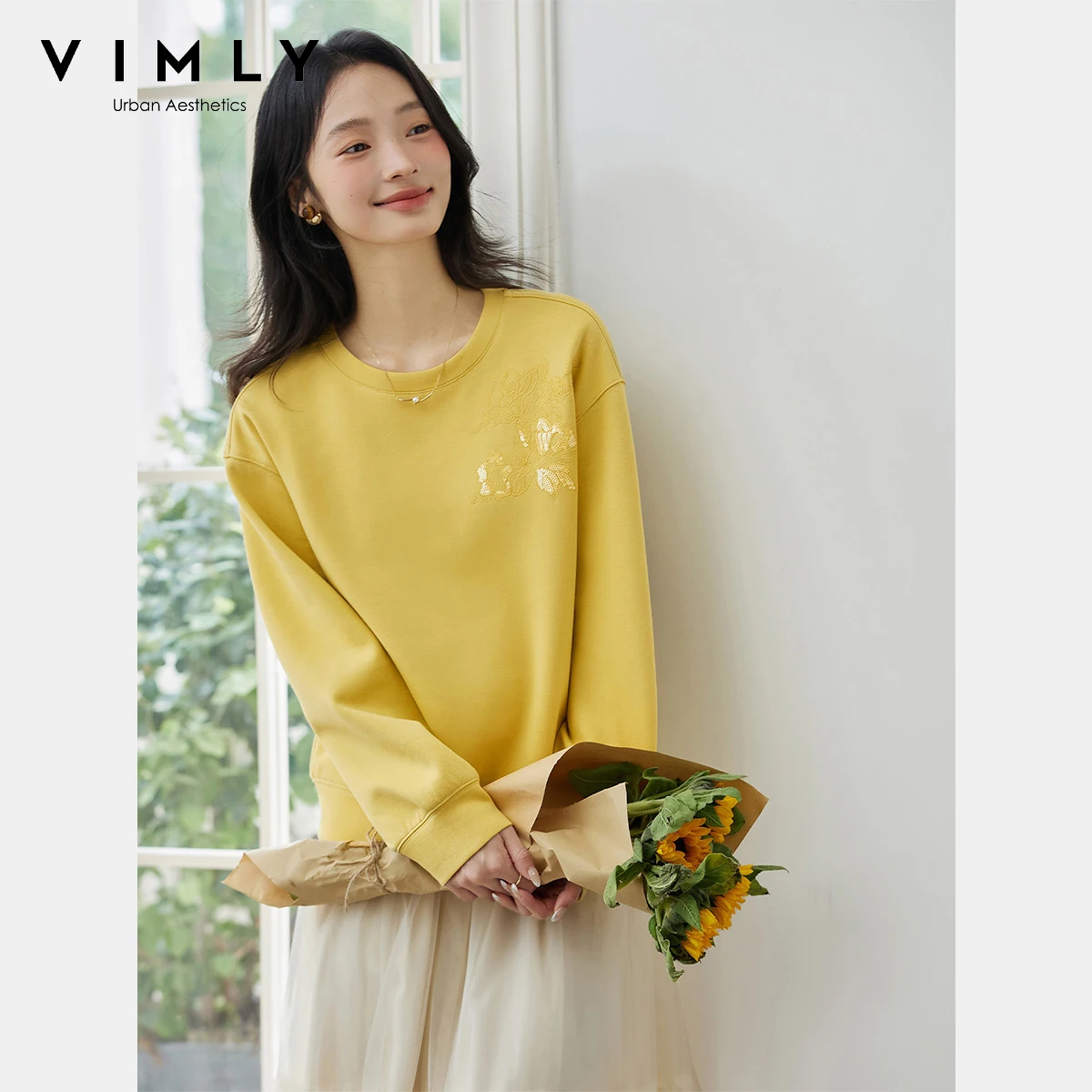 VIMLY Woman Sweatshirts Bead Embroider Round Neck Long Sleeve Ladies Tops Autumn 2025 Knitted Casual Sweatshirts Female A2171