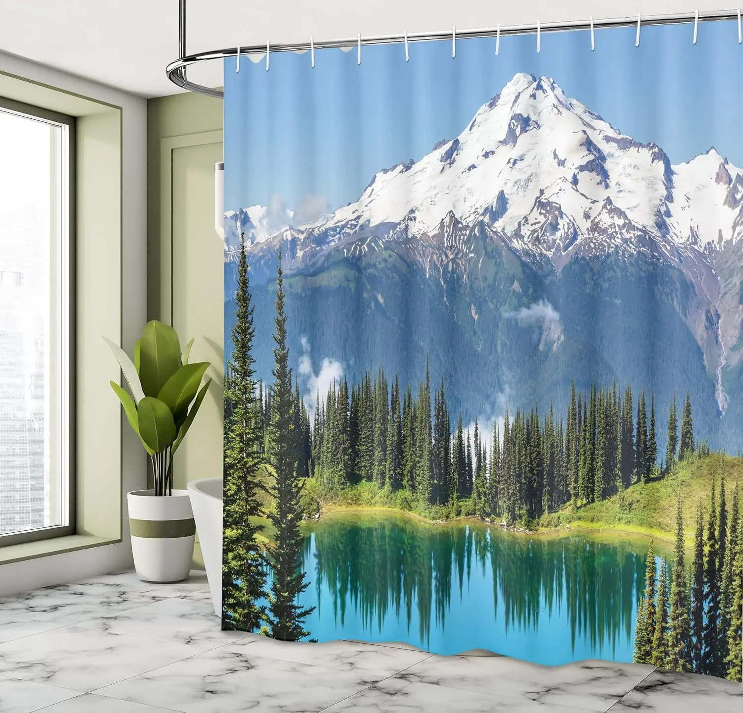 マウンテンレイク-シャワーカーテン-フック付き-–-雪の降る氷河の頂点、松林と鏡面湖、白緑青の自然装飾