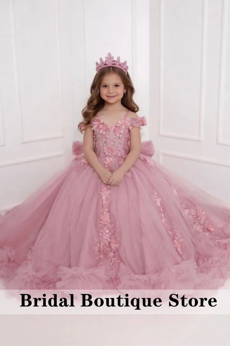 Customized Pink Flower Girl Dress For Wedding Appliques Tulle Floor Length Quinceanera Bridesmaid Photo Shoot Banquet Gown