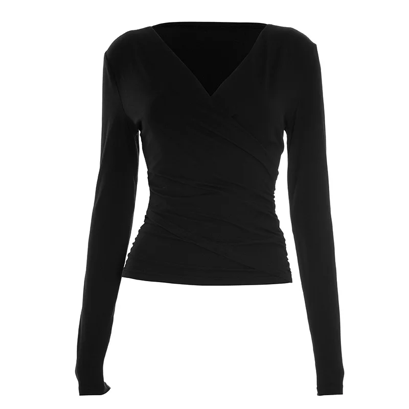 Sexy Solid Color V-neck Long Sleeved T-shirt Top Waist Cinching 2025 Trendy Casual Top for Women