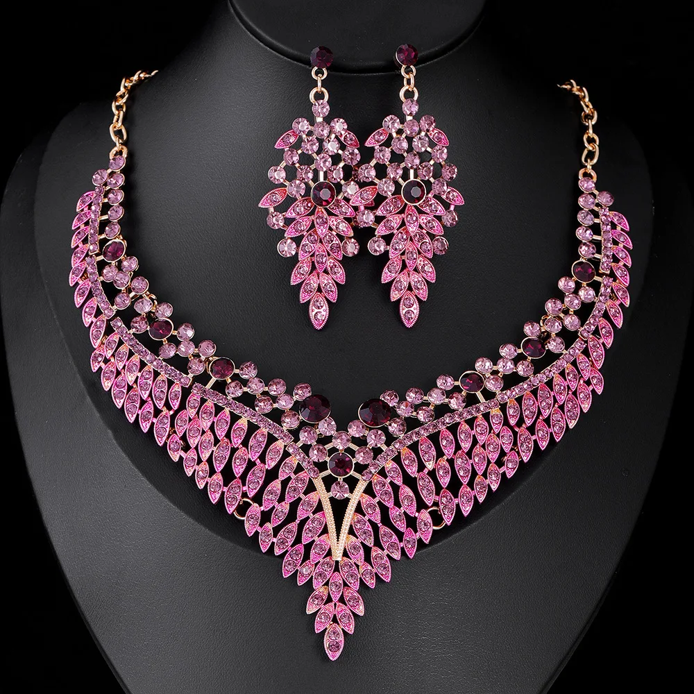 

Vintage Alloy Full Crystal Necklace Earrings Two-piece Bridal Dress Jewelry Set