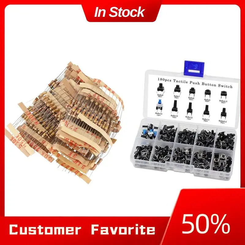 

Лидер продаж, 500 шт., 50 значений, 1/2 Вт, 0,5 Вт, 5% комплект резисторов из углеродной пленки и 1 комплект тактильных кнопочных переключателей, ассортимент микротригеров