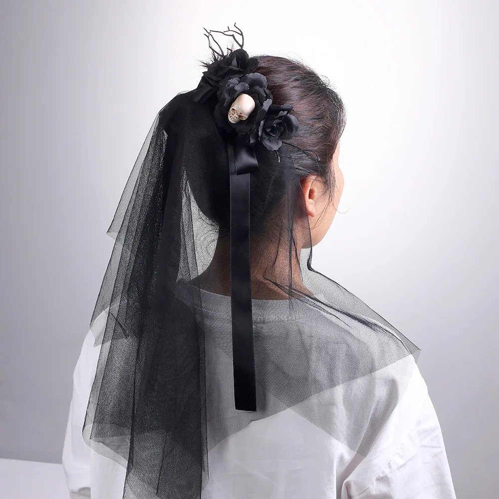 New Classic Halloween Skull Headdress Veil Dark Bow Weird Hair Clips Photo Portrait Headwear Party Elegant Accessorie Skull Veil