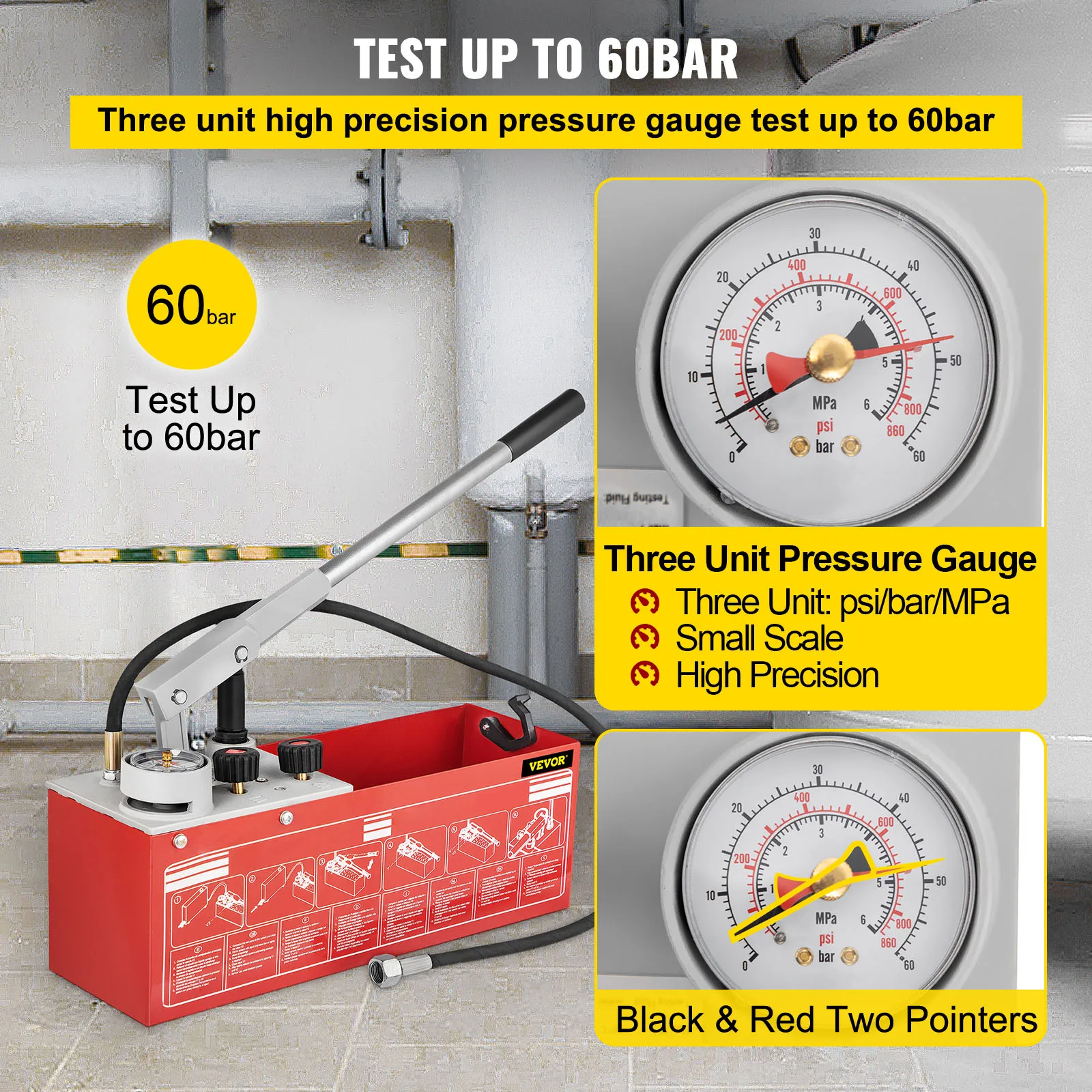 Imagem -03 - Vevor-pressão Hidrostática Teste Bomba Manual Kit Tester Água Pressão Bomba Hidráulica 60 Bar 860 Psi 32 Galão Tanque