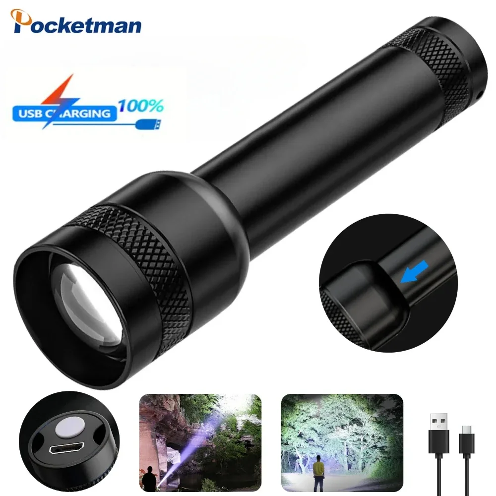 Powerful LED Flashlight USB Rechargeable 3 Modes Handlight Telescopic Zoom Torch Aluminum Alloy Outdoor Camping Fishing Lantern