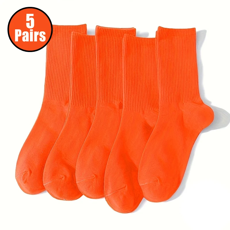 5-Pair Orange Knitted Middle Socks Fashionable, Soft and Comfortable