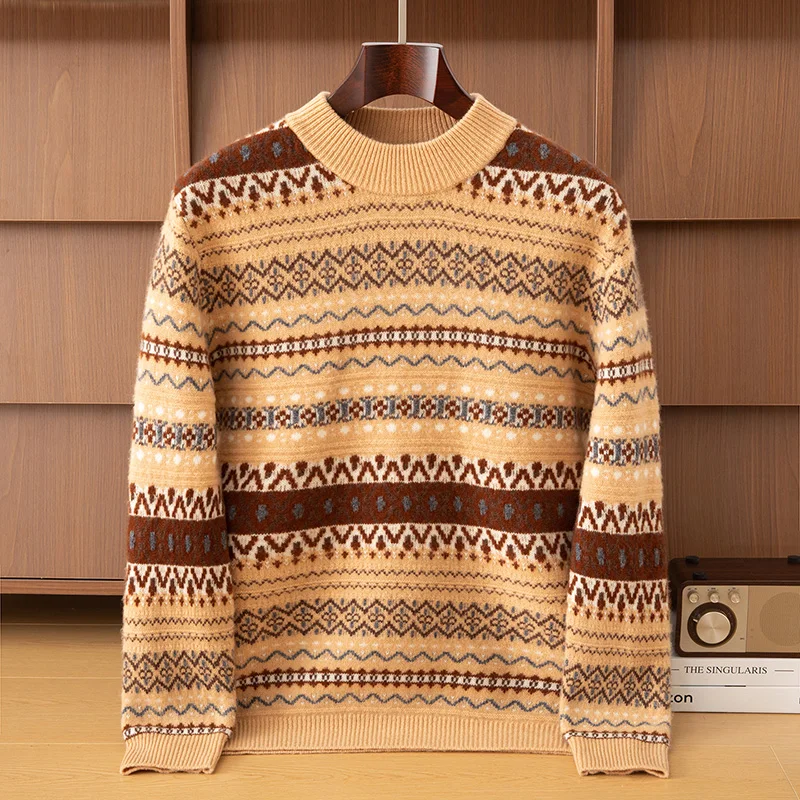 Autunno/Inverno Nuovo Maglione da Uomo Maglione 100% Pura Lana Maglia Mezza Collo Alto Pullover Business Casual Jacquard Addensato Abbigliamento da Uomo