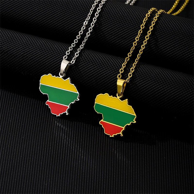 Fashion Lithuania Map Flag Pendant Necklace For Women Men Charm Gold Silver Color Party Stainless Steel Jewelry