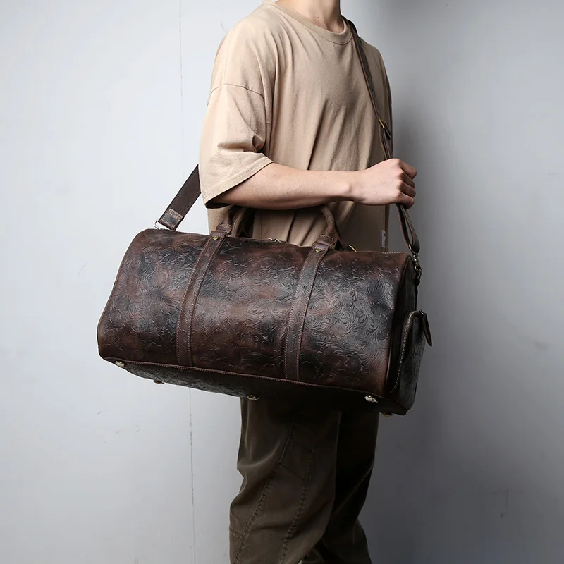 Vintage Embossed Tote High-Capacity Leather For A Short Trip Baotou Leather Belt Shoe Compartment Clothes Duffel Bag Gym Bag