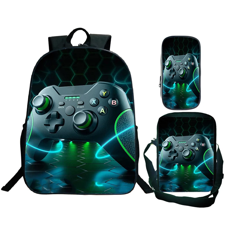 Funny Gamepads Print Backpack 3pcs Set Video Game Controller School Bag for Boys Girls Gamer Laptop Rucksack Children Book Bags