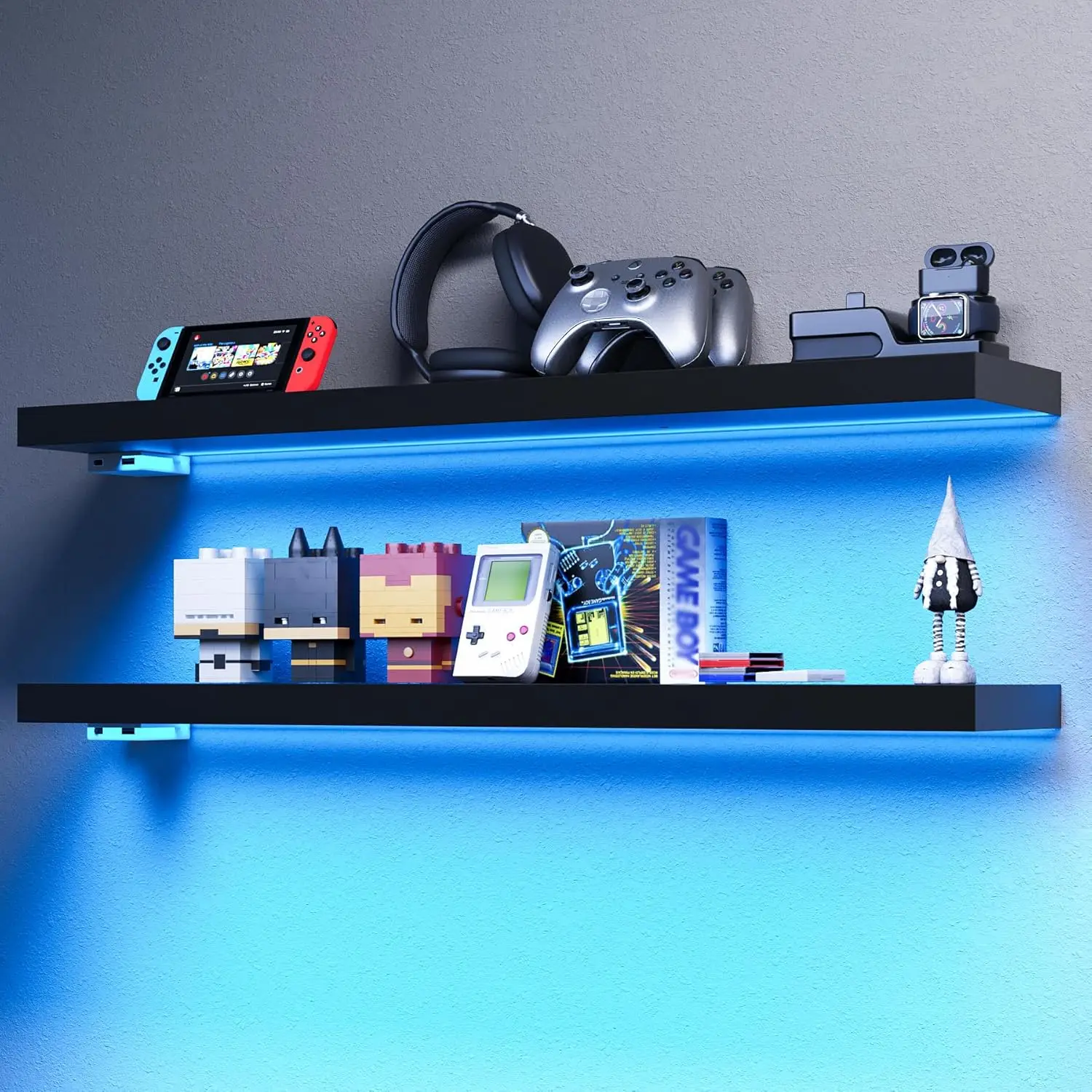 

Floating Shelves with RGB LED, 31" Wall Mt Wooden Shelves with Invisible Brackets, Set 2, Hanging Wall Shelves for...