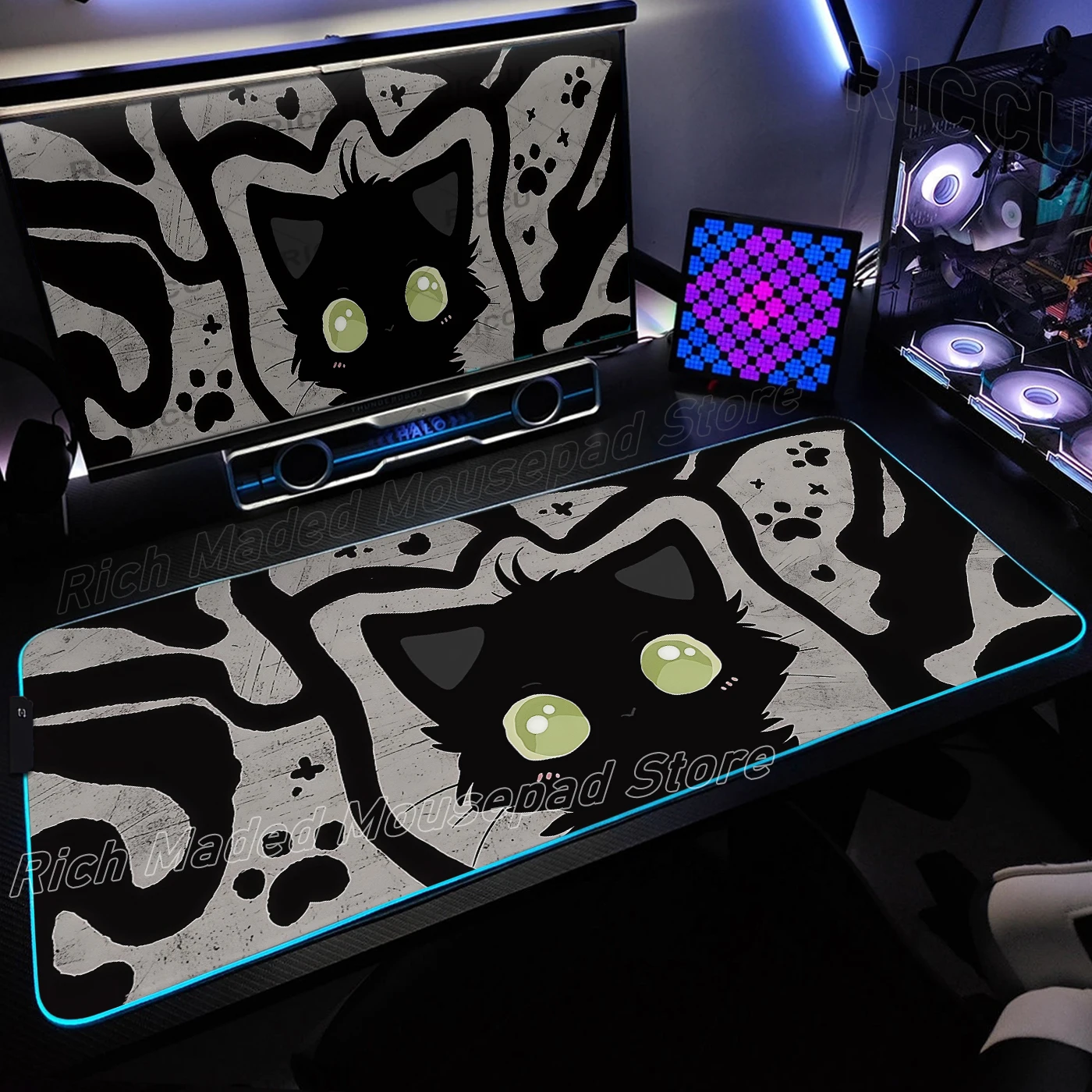 Alfombrilla de ratón RGB para Gamer, alfombrilla de escritorio de gato negro con tinta bonita de dibujos animados, alfombrilla LED brillante para teclado y ratón, alfombrilla de goma para ordenador para juegos