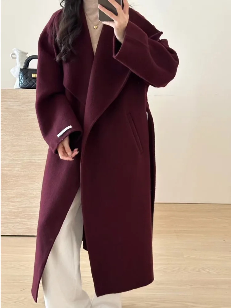 UCXQ Temperament Woolen Coat European Style All Match Lapel Lace Up Waist Red Elegant Long Coats Women 2024 Autumn Winter 3C2320