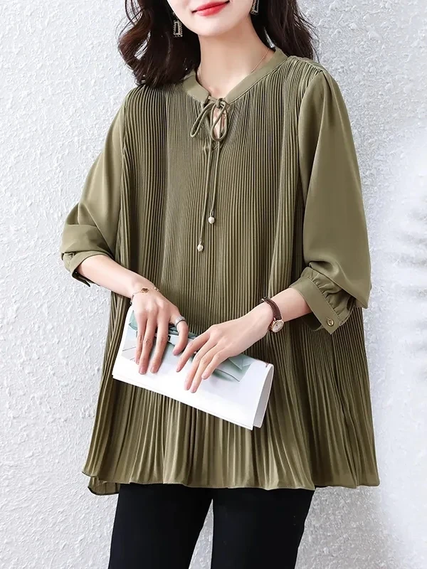 

Свободная шифоновая блузка с длинным рукавом, больших размеров, средней длины, винтажная, плиссированная, весенне-осенняя, женская, в корейском стиле